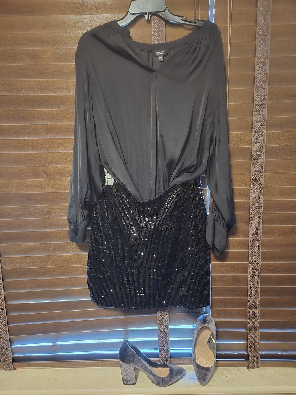 Simply Vera Vera Wang Black Satin-Look Blouse with Black Sequin Mini Skirt